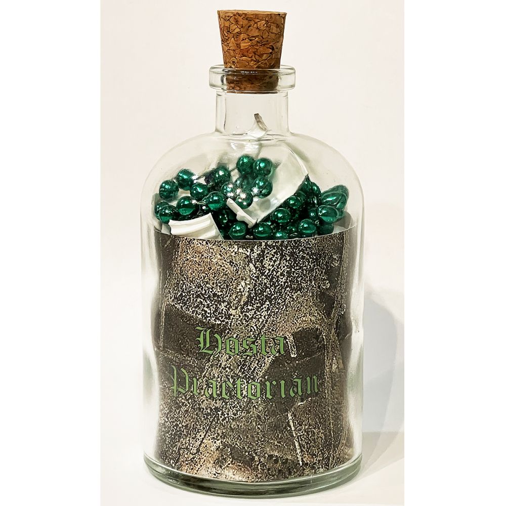 <br/>Hosta Praetorian, 10/10/2025<br/>Apx 6½" x 3" x 3"<br/>glass, paper, ink, cork and plastic